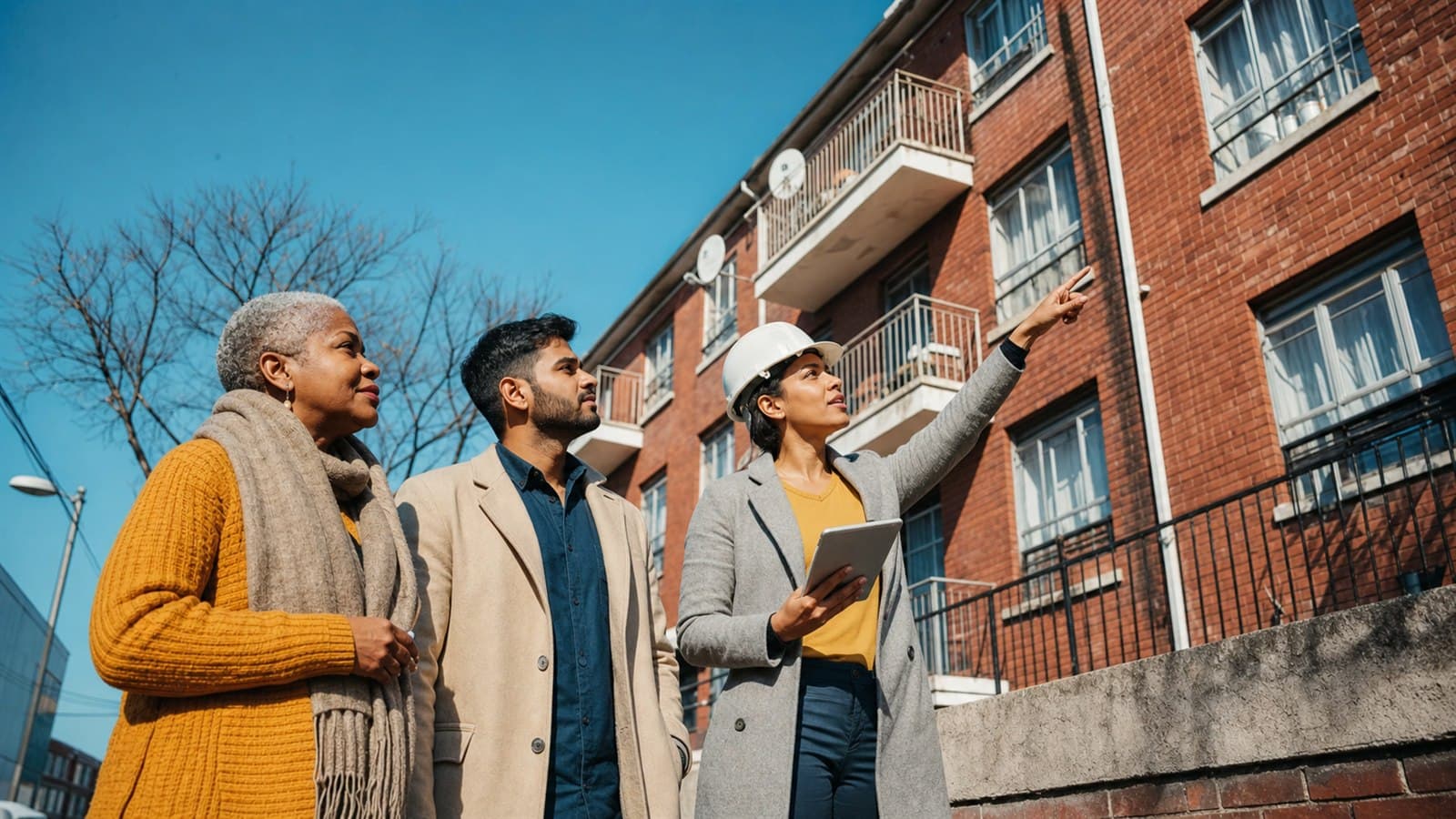 South African property syndicate members inspecting an apartment building together