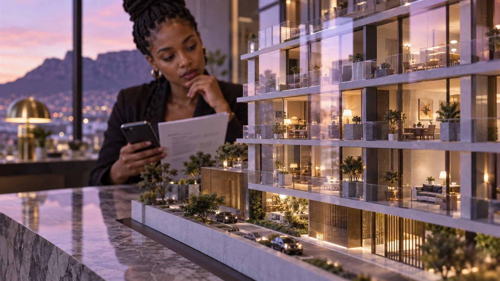 A South African investor examining a fractional property document behind a detailed apartment building model