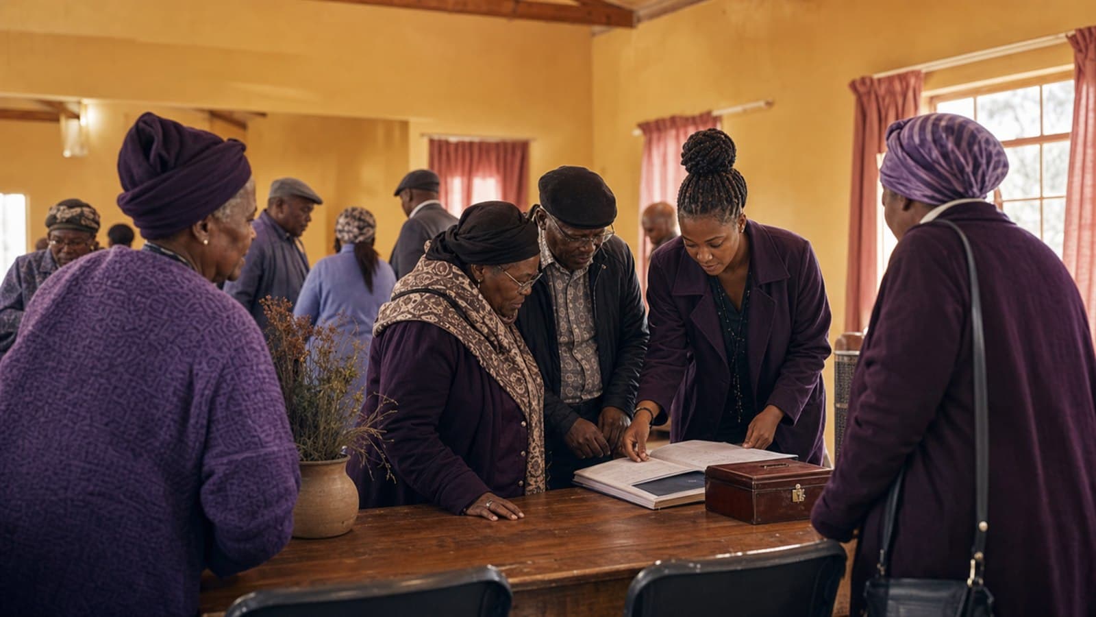 A South African community burial-society committee planning member benefits around a table