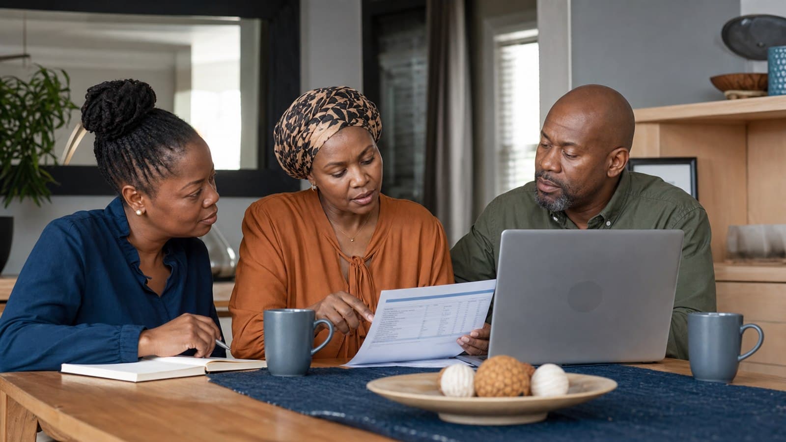 Stokvel committee members reviewing a bank statement together at a dining table
