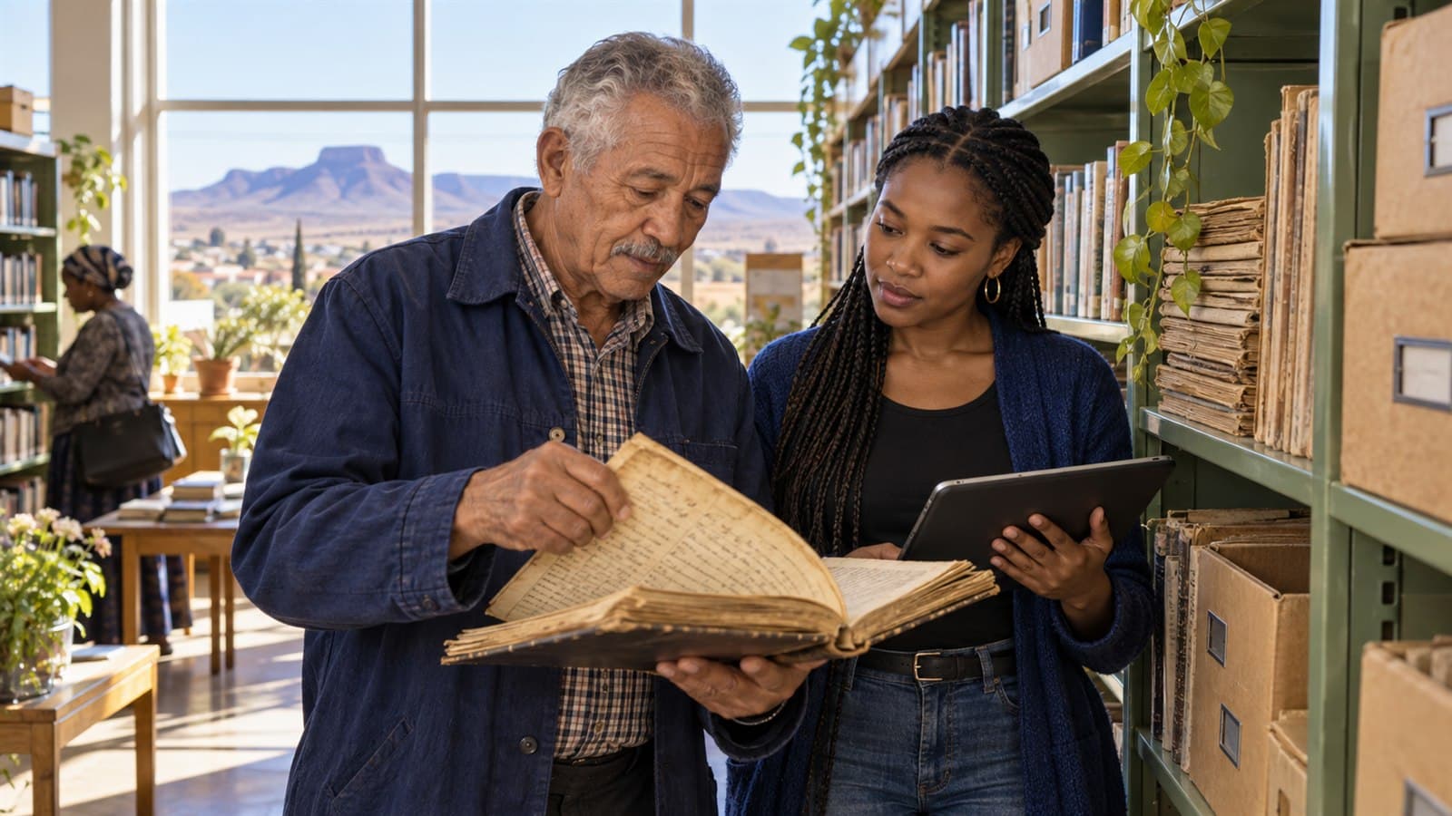 Two generations of South African stokvel members comparing an old constitution with a modern digital record