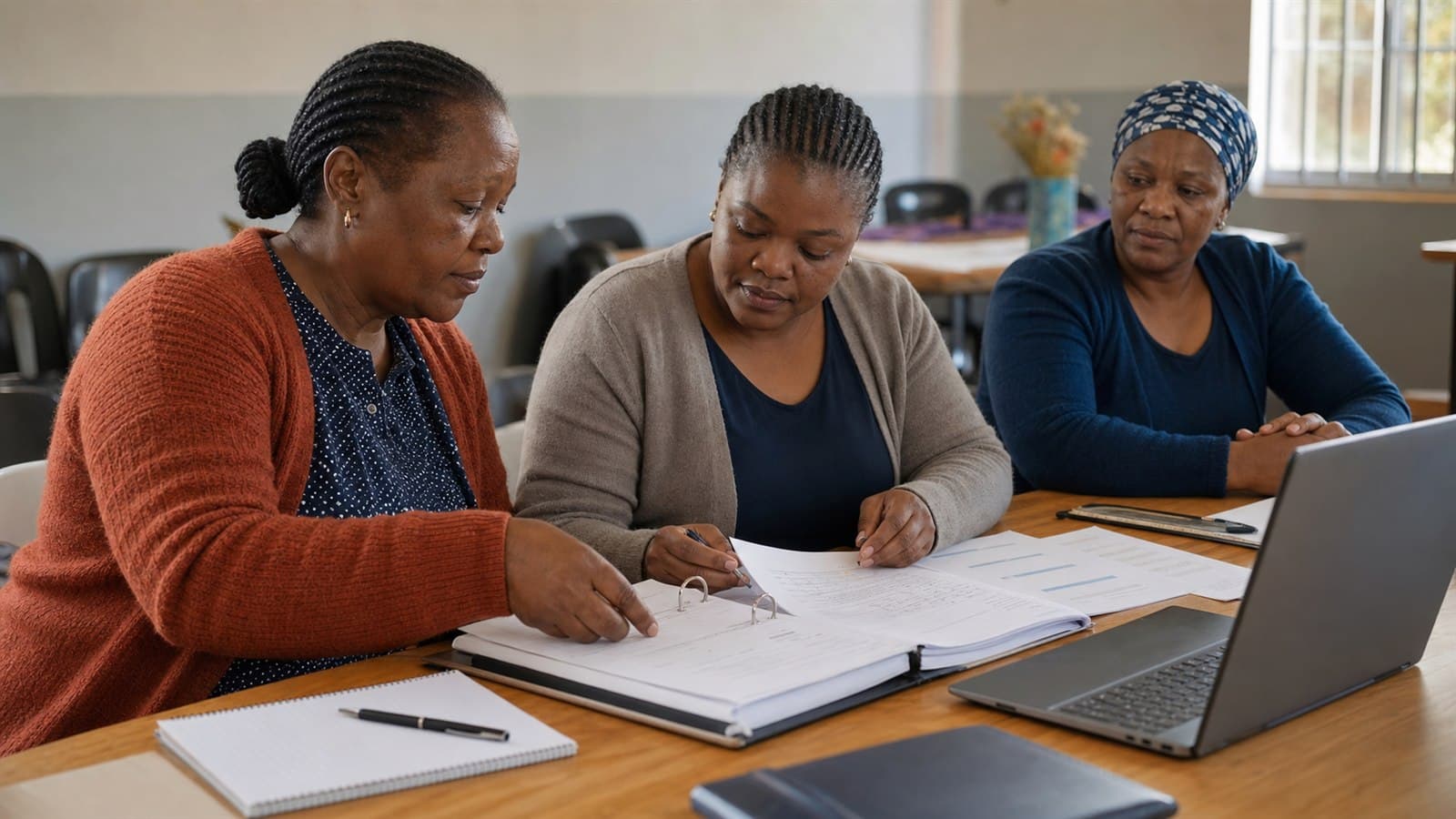 Outgoing and incoming stokvel treasurers reviewing organised financial records together
