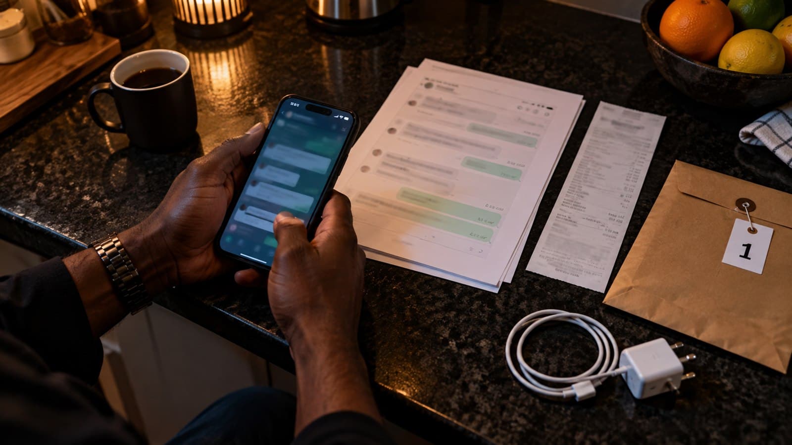 A phone, exported chat records and payment evidence arranged carefully for a South African scheme dispute